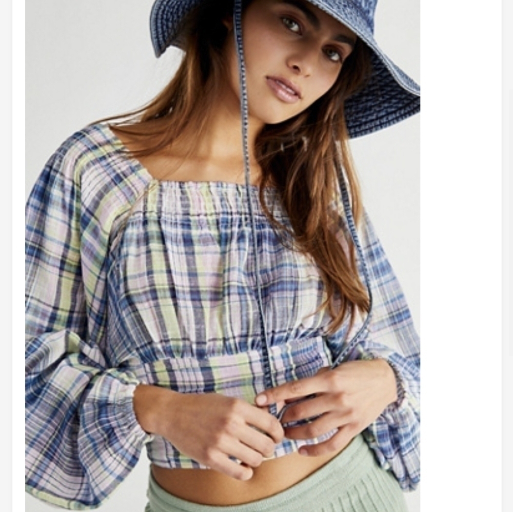 free PEOPLE Marlena plaid smocked top boho small